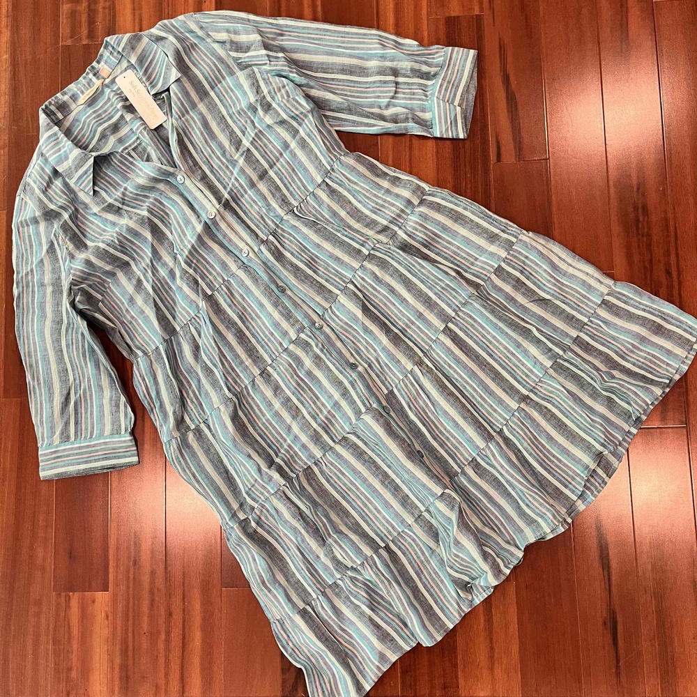 Blue Linen Shirt Dress Soft Surroundings Stripe Button Down 3/4 Sleeve New XL 18